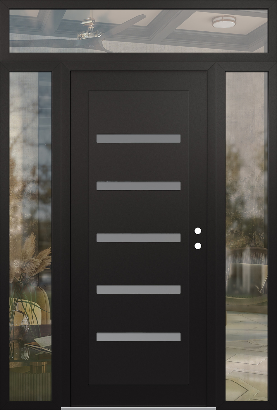 Modern Steel Front Door Diamond C7 64" x 96" black/white frosted Glass Panel black LHI with 2 Sidelites and Transom clear Glass