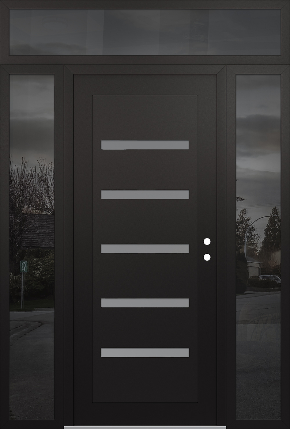 Modern Steel Front Door Diamond C7 64" x 96" black/white frosted Glass Panel black LHI with 2 Sidelites and Transom mirrored Glass
