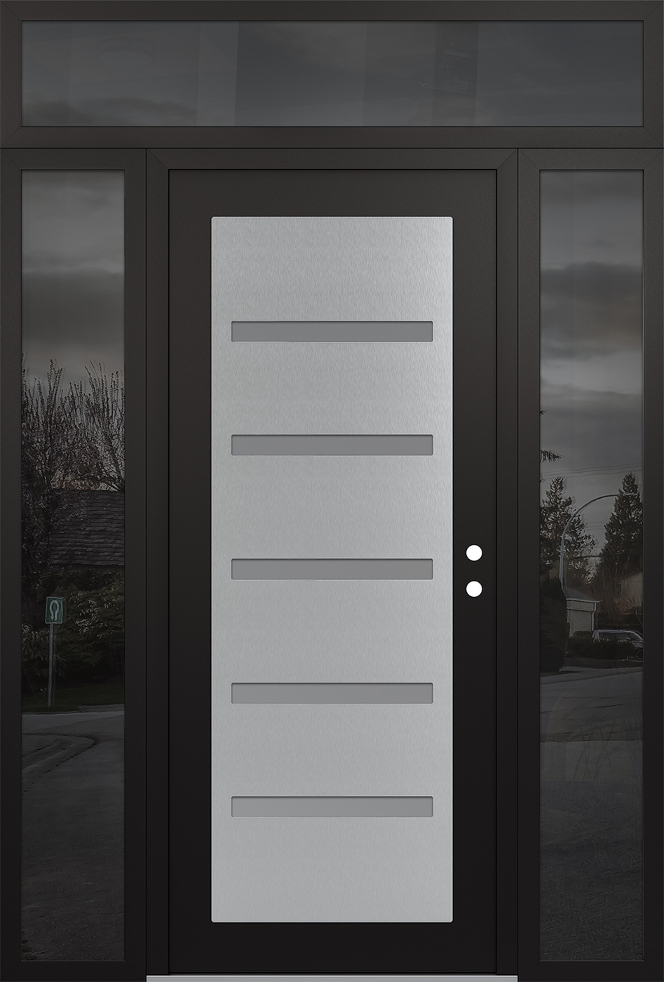 Modern Steel Front Door Diamond C7 64" x 96" black/white frosted Glass Panel stainless steel LHI with 2 Sidelites and Transom mirrored Glass