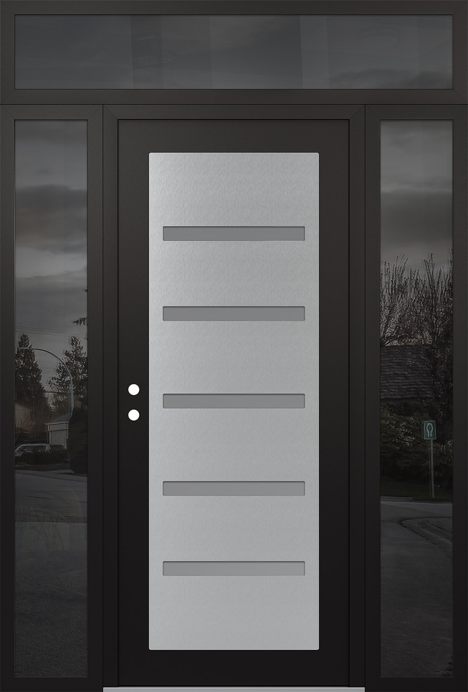 Modern Steel Front Door Diamond C7 64" x 96" black/white frosted Glass Panel stainless steel RHI with 2 Sidelites and Transom mirrored Glass