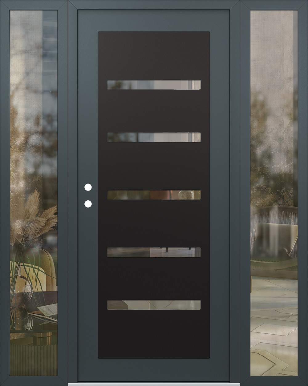 Modern Steel Front Door Diamond C7 68" x 80" anthracite/anthracite clear Glass Panel black RHI with 2 Sidelites clear Glass