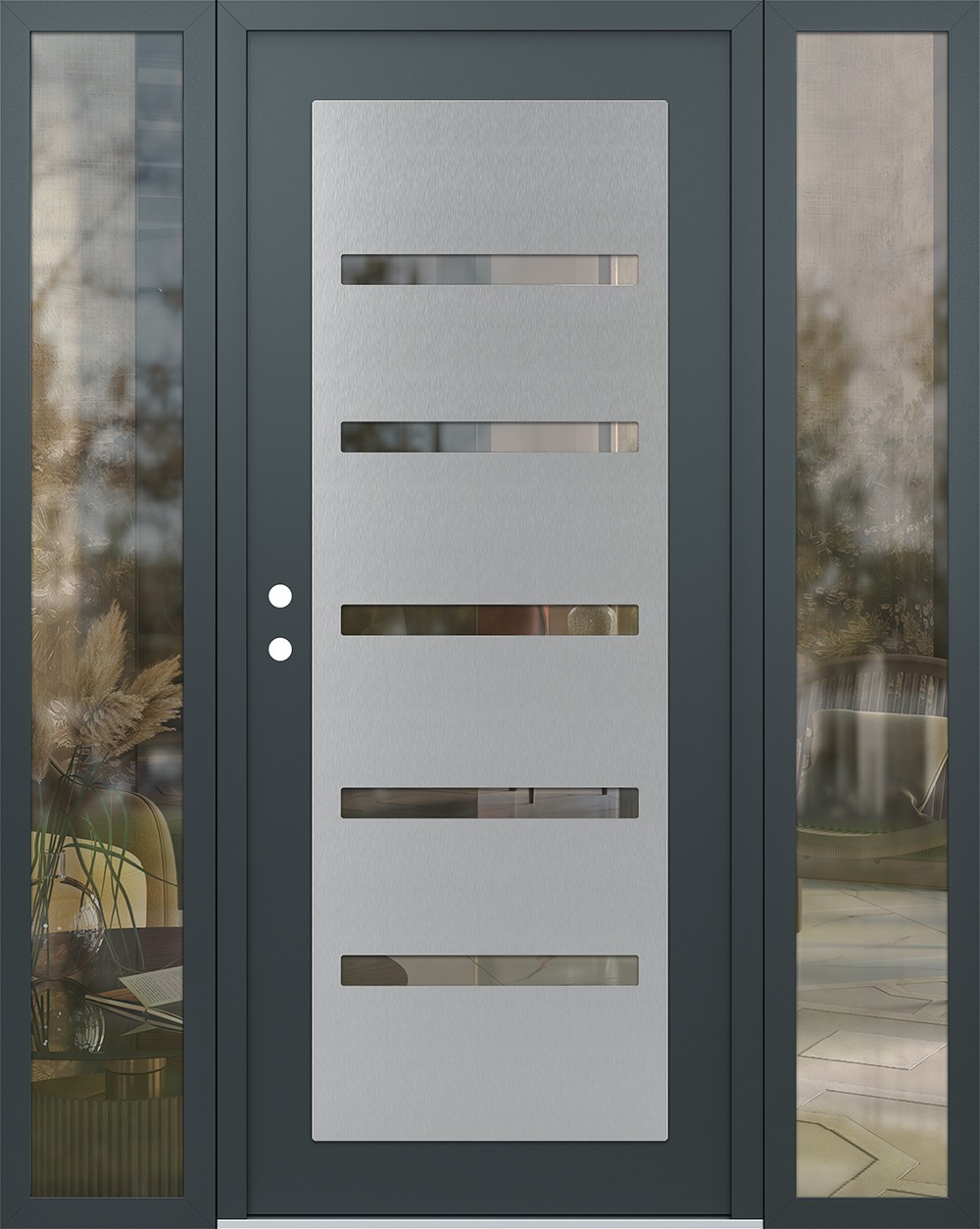 Modern Steel Front Door Diamond C7 68" x 80" anthracite/anthracite clear Glass Panel stainless steel RHI with 2 Sidelites clear Glass
