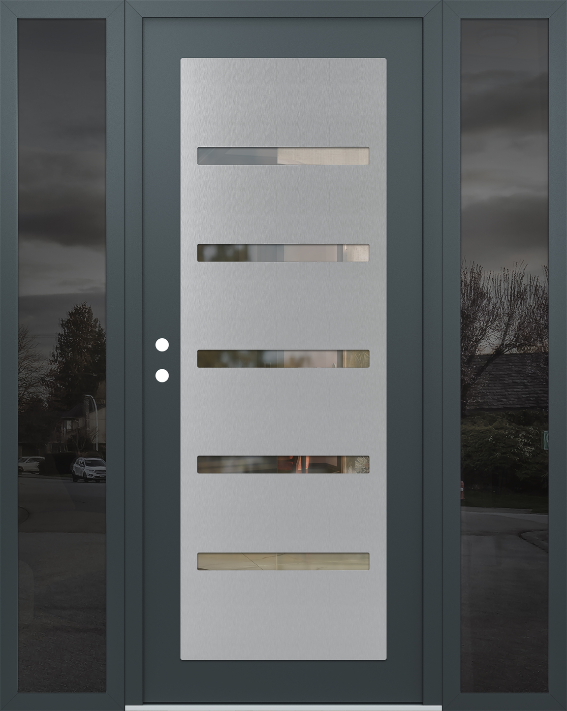 Modern Steel Front Door Diamond C7 68" x 80" anthracite/anthracite clear Glass Panel stainless steel RHI with 2 Sidelites mirrored Glass