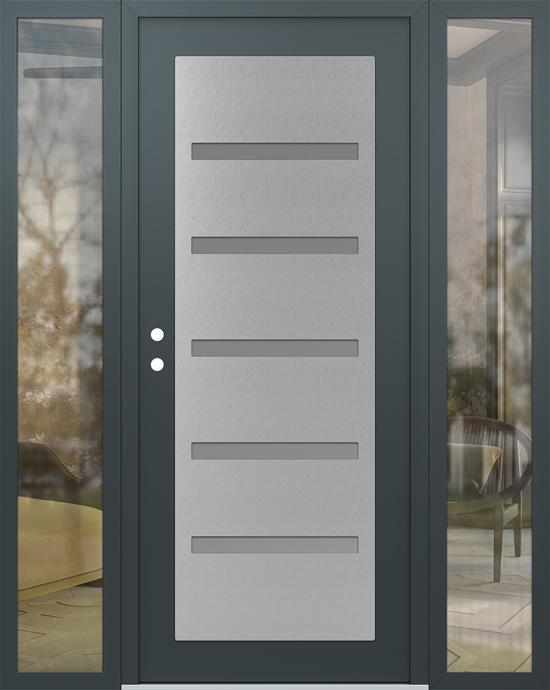 Modern Steel Front Door Diamond C7 68" x 80" anthracite/anthracite frosted Glass Panel stainless steel RHI with 2 Sidelites clear Glass