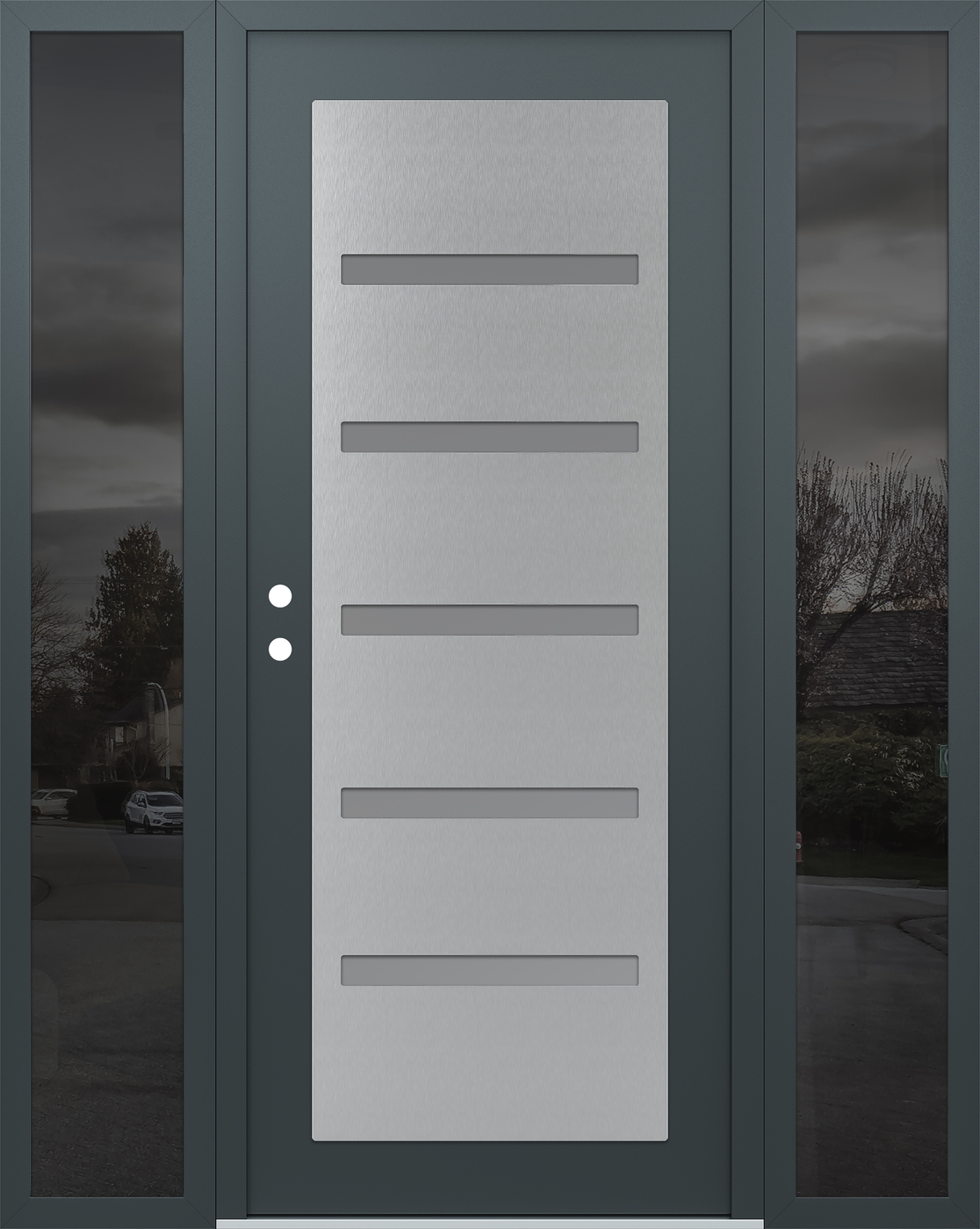 Modern Steel Front Door Diamond C7 68" x 80" anthracite/anthracite frosted Glass Panel stainless steel RHI with 2 Sidelites mirrored Glass