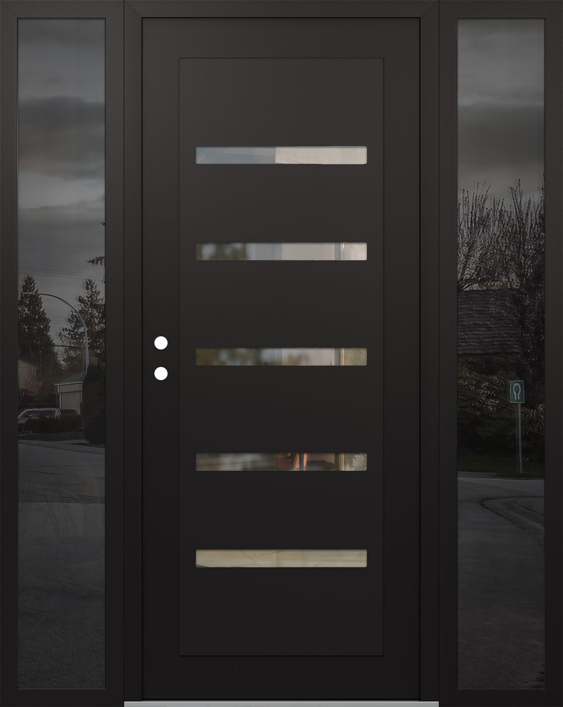 Modern Steel Front Door Diamond C7 68" x 80" black/black clear Glass Panel black RHI with 2 Sidelites mirrored Glass