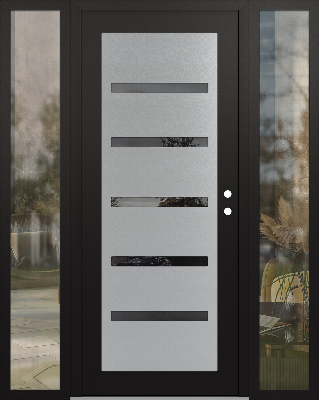 Modern Steel Front Door Diamond C7 68" x 80" black/black mirrored Glass Panel stainless steel LHI with 2 Sidelites clear Glass
