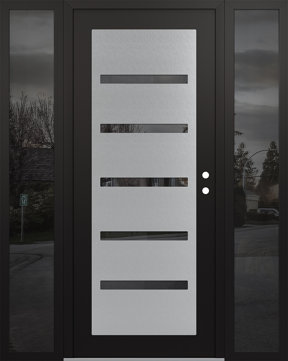 Modern Steel Front Door Diamond C7 68" x 80" black/black mirrored Glass Panel stainless steel LHI with 2 Sidelites mirrored Glass