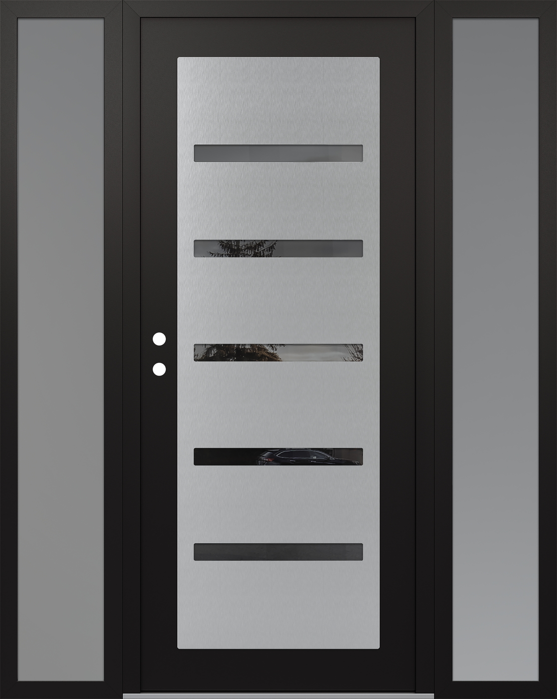 Modern Steel Front Door Diamond C7 68" x 80" black/black mirrored Glass Panel stainless steel RHI with 2 Sidelites frosted Glass