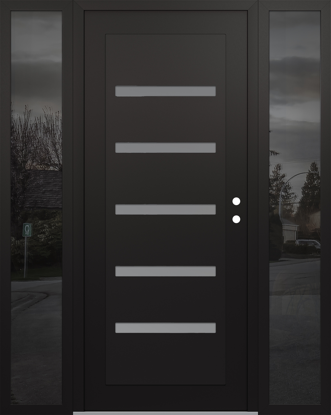 Modern Steel Front Door Diamond C7 68" x 80" black/white frosted Glass Panel black LHI with 2 Sidelites mirrored Glass