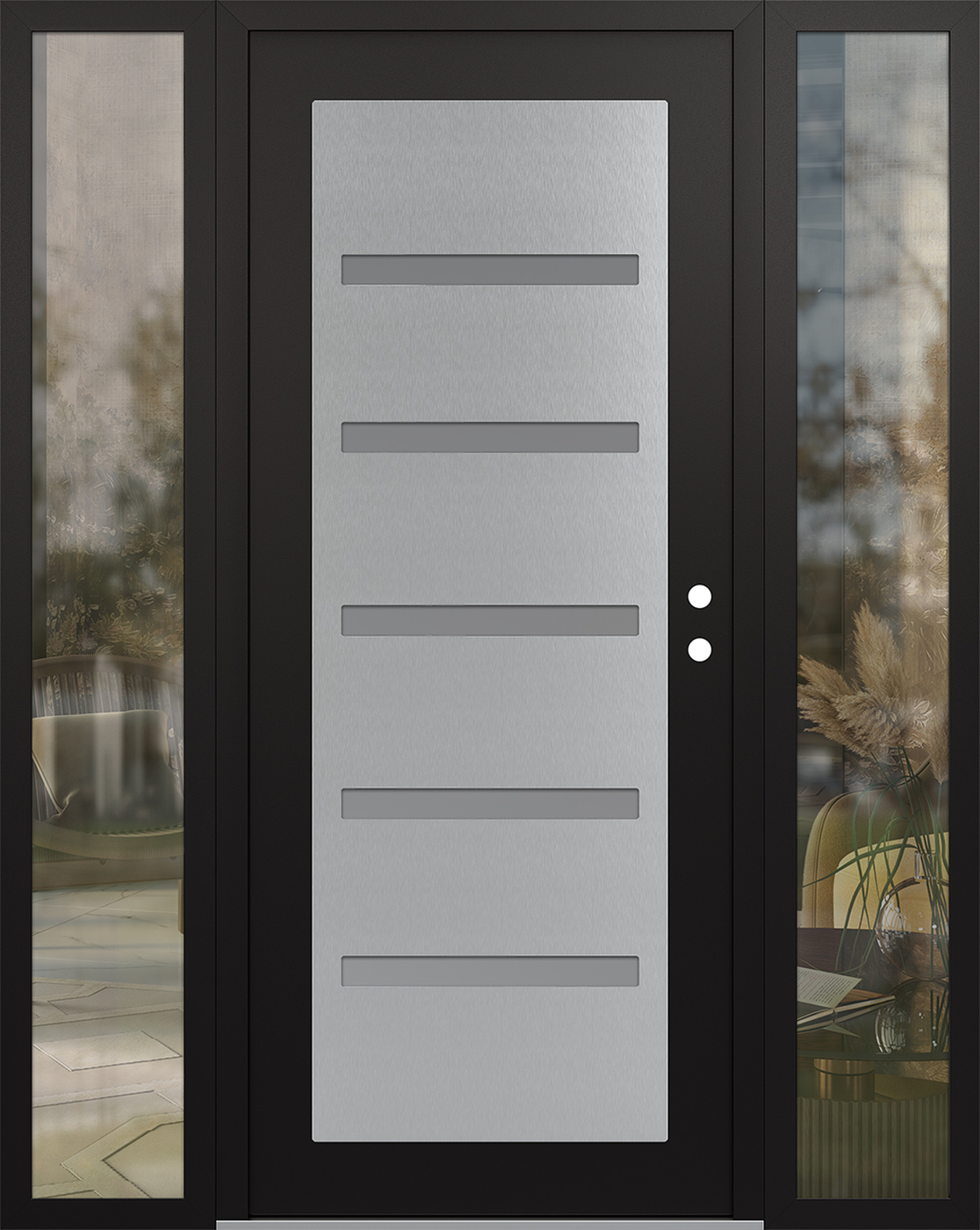 Modern Steel Front Door Diamond C7 68" x 80" black/white frosted Glass Panel stainless steel LHI with 2 Sidelites clear Glass