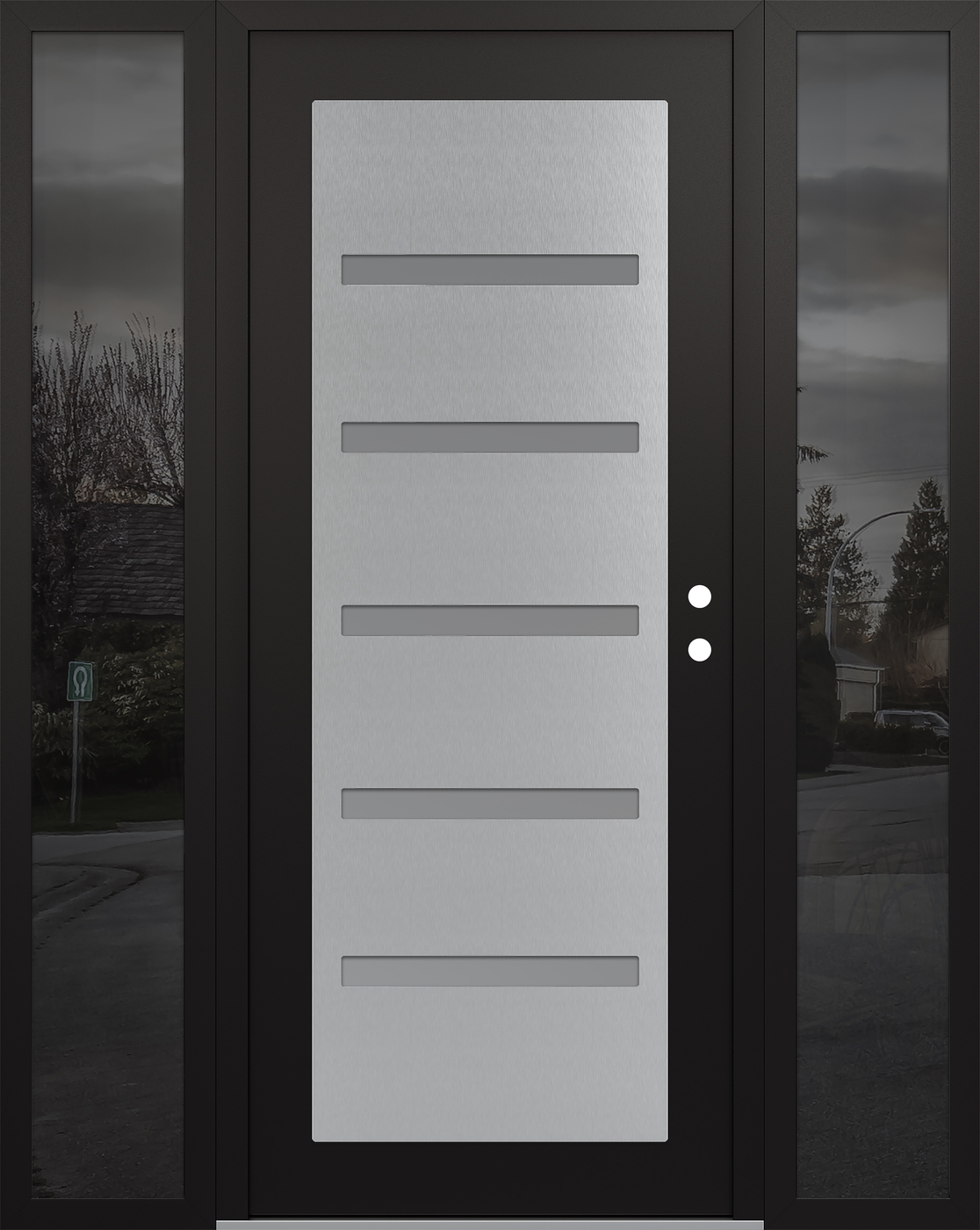 Modern Steel Front Door Diamond C7 68" x 80" black/white frosted Glass Panel stainless steel LHI with 2 Sidelites mirrored Glass