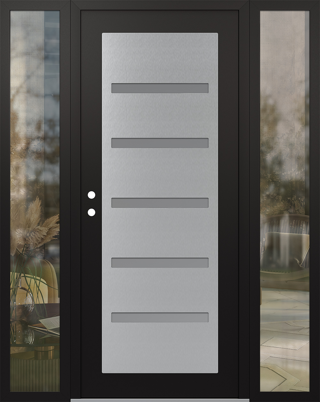 Modern Steel Front Door Diamond C7 68" x 80" black/white frosted Glass Panel stainless steel RHI with 2 Sidelites clear Glass