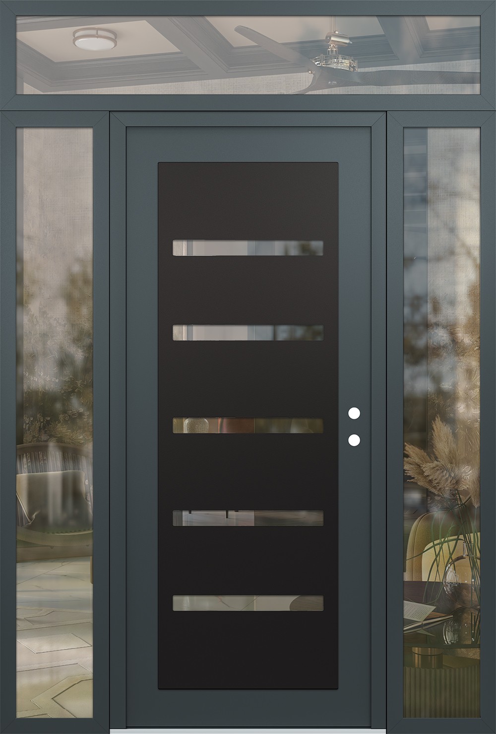 Modern Steel Front Door Diamond C7 68" x 96" anthracite/anthracite clear Glass Panel black LHI with 2 Sidelites and Transom clear Glass