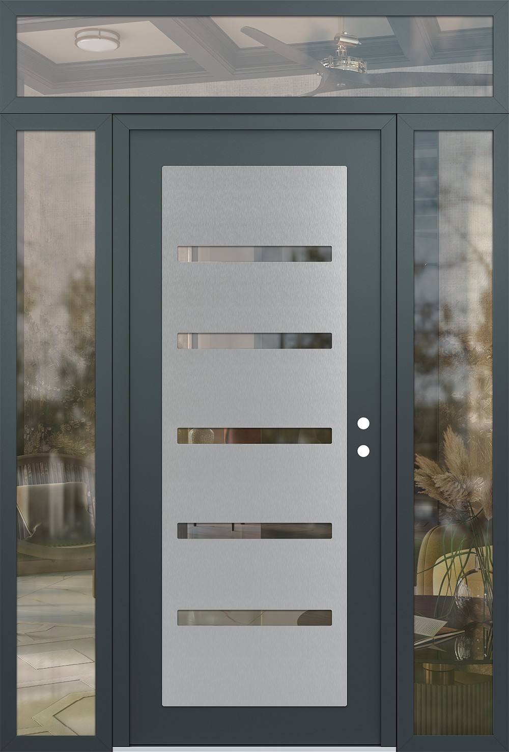 Modern Steel Front Door Diamond C7 68" x 96" anthracite/anthracite clear Glass Panel stainless steel LHI with 2 Sidelites and Transom clear Glass