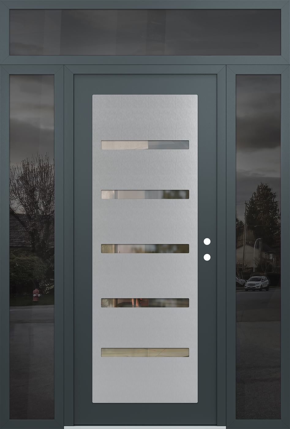 Modern Steel Front Door Diamond C7 68" x 96" anthracite/anthracite clear Glass Panel stainless steel LHI with 2 Sidelites and Transom mirrored Glass