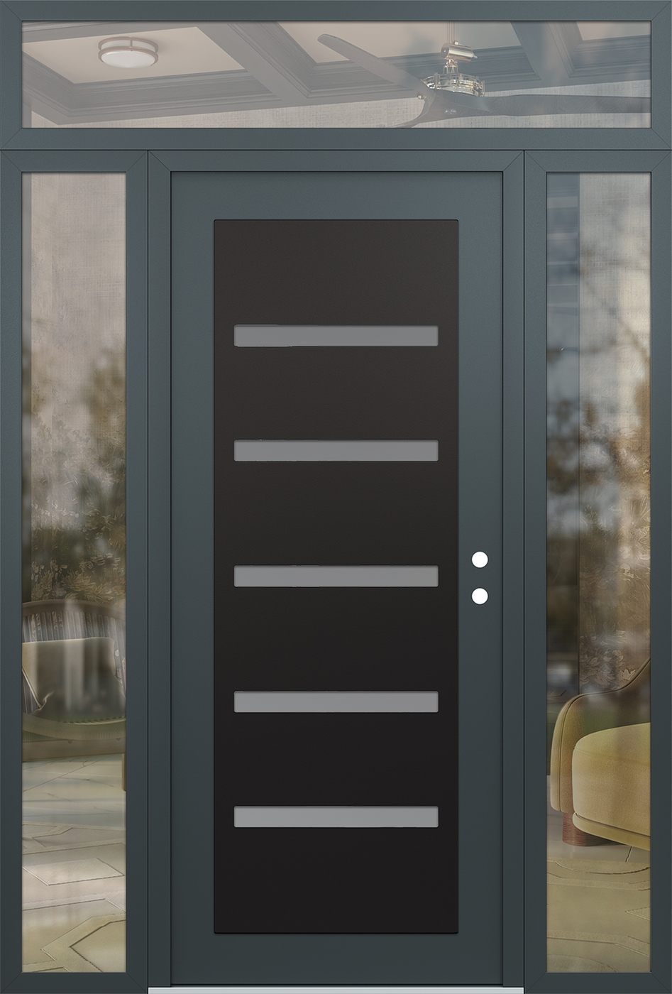 Modern Steel Front Door Diamond C7 68" x 96" anthracite/anthracite frosted Glass Panel black LHI with 2 Sidelites and Transom clear Glass