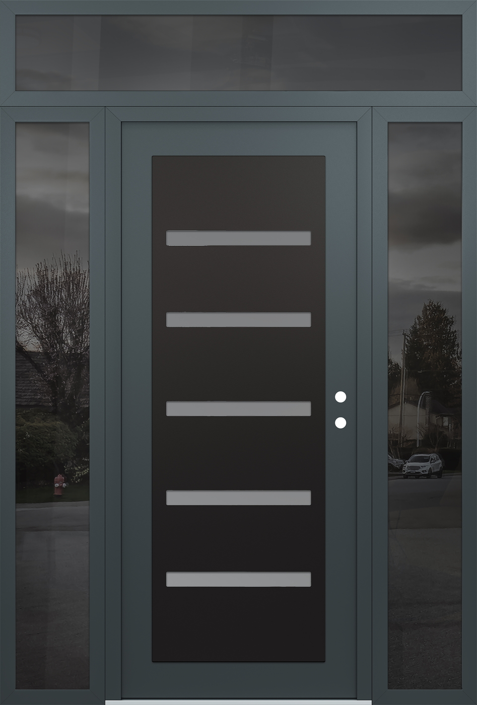 Modern Steel Front Door Diamond C7 68" x 96" anthracite/anthracite frosted Glass Panel black LHI with 2 Sidelites and Transom mirrored Glass