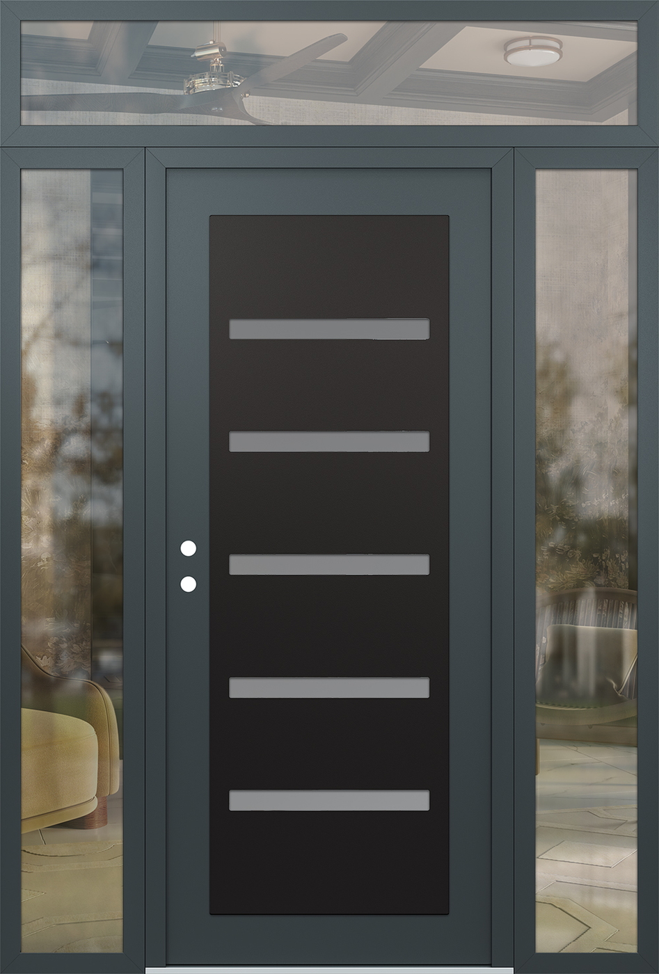Modern Steel Front Door Diamond C7 68" x 96" anthracite/anthracite frosted Glass Panel black RHI with 2 Sidelites and Transom clear Glass
