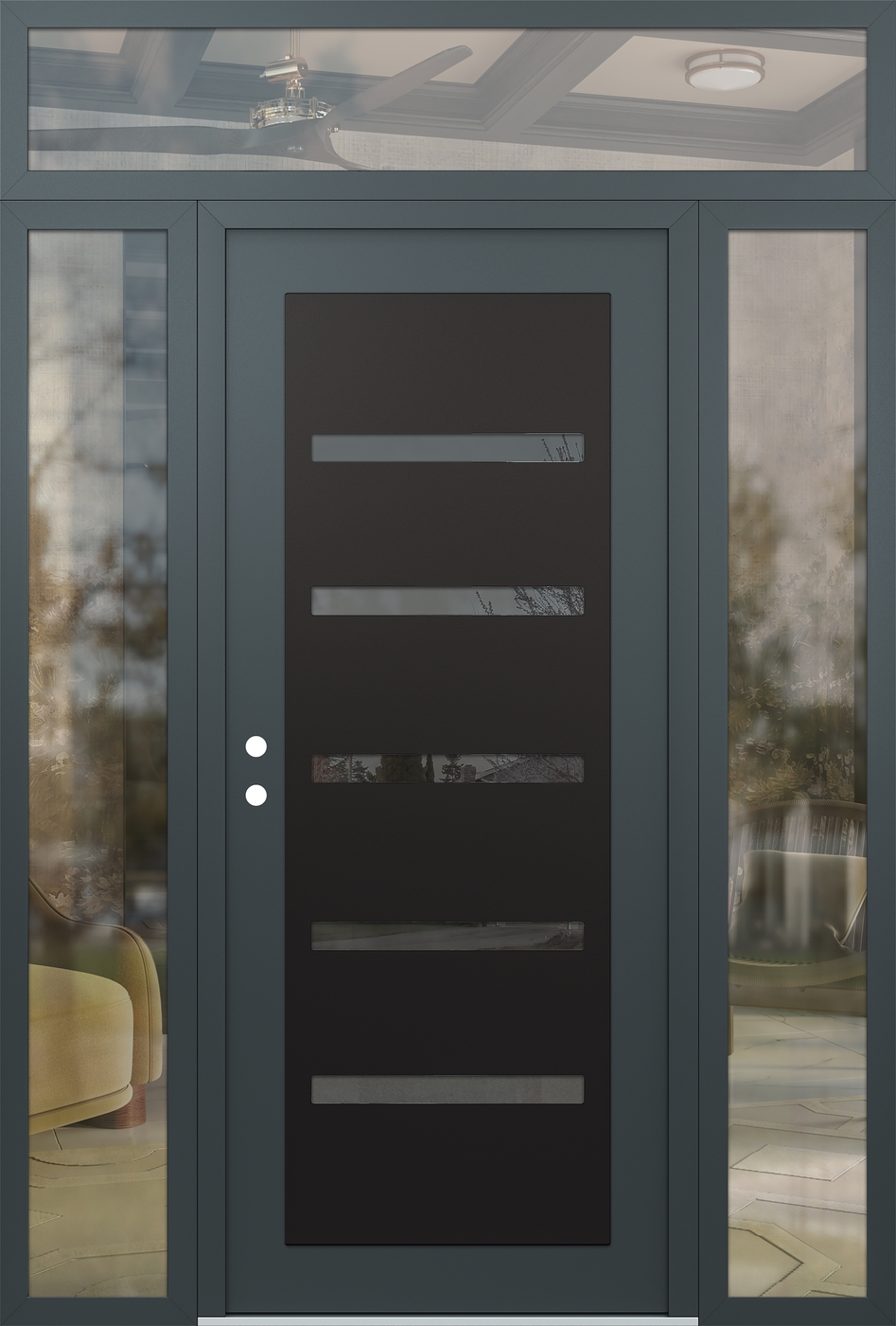 Modern Steel Front Door Diamond C7 68" x 96" anthracite/anthracite mirrored Glass Panel black RHI with 2 Sidelites and Transom clear Glass