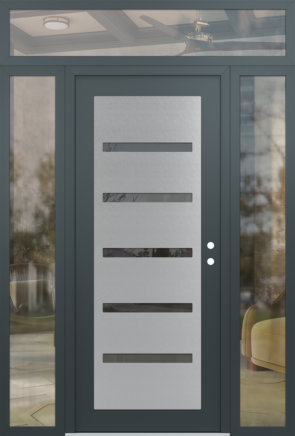 Modern Steel Front Door Diamond C7 68" x 96" anthracite/anthracite mirrored Glass Panel stainless steel LHI with 2 Sidelites and Transom clear Glass