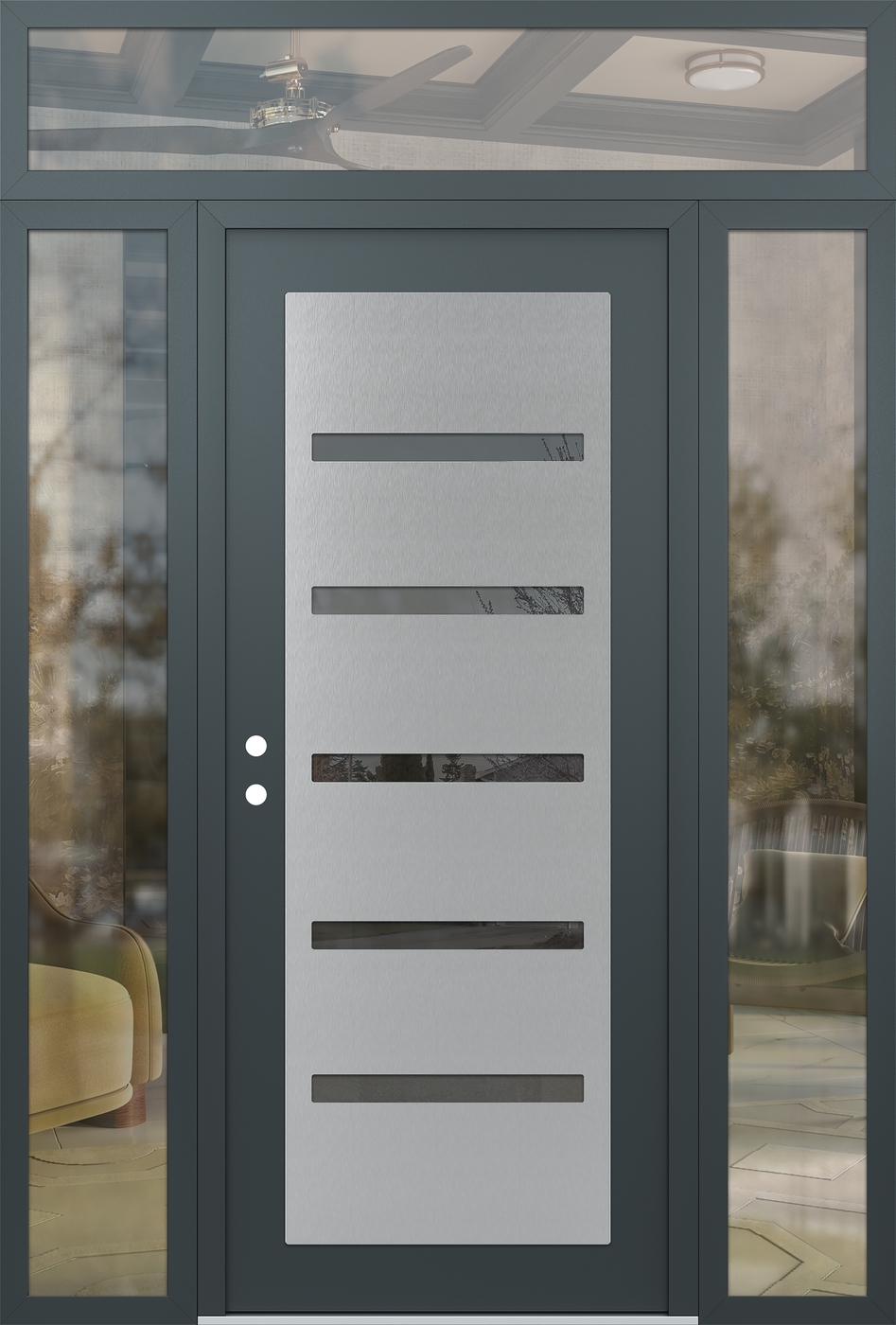Modern Steel Front Door Diamond C7 68" x 96" anthracite/anthracite mirrored Glass Panel stainless steel RHI with 2 Sidelites and Transom clear Glass