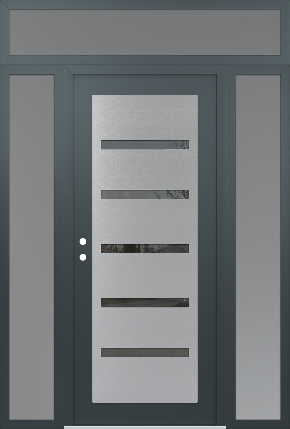 Modern Steel Front Door Diamond C7 68" x 96" anthracite/anthracite mirrored Glass Panel stainless steel RHI with 2 Sidelites and Transom frosted Glass