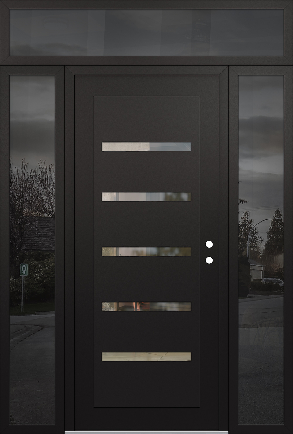 Modern Steel Front Door Diamond C7 68" x 96" black/black clear Glass Panel black LHI with 2 Sidelites and Transom mirrored Glass