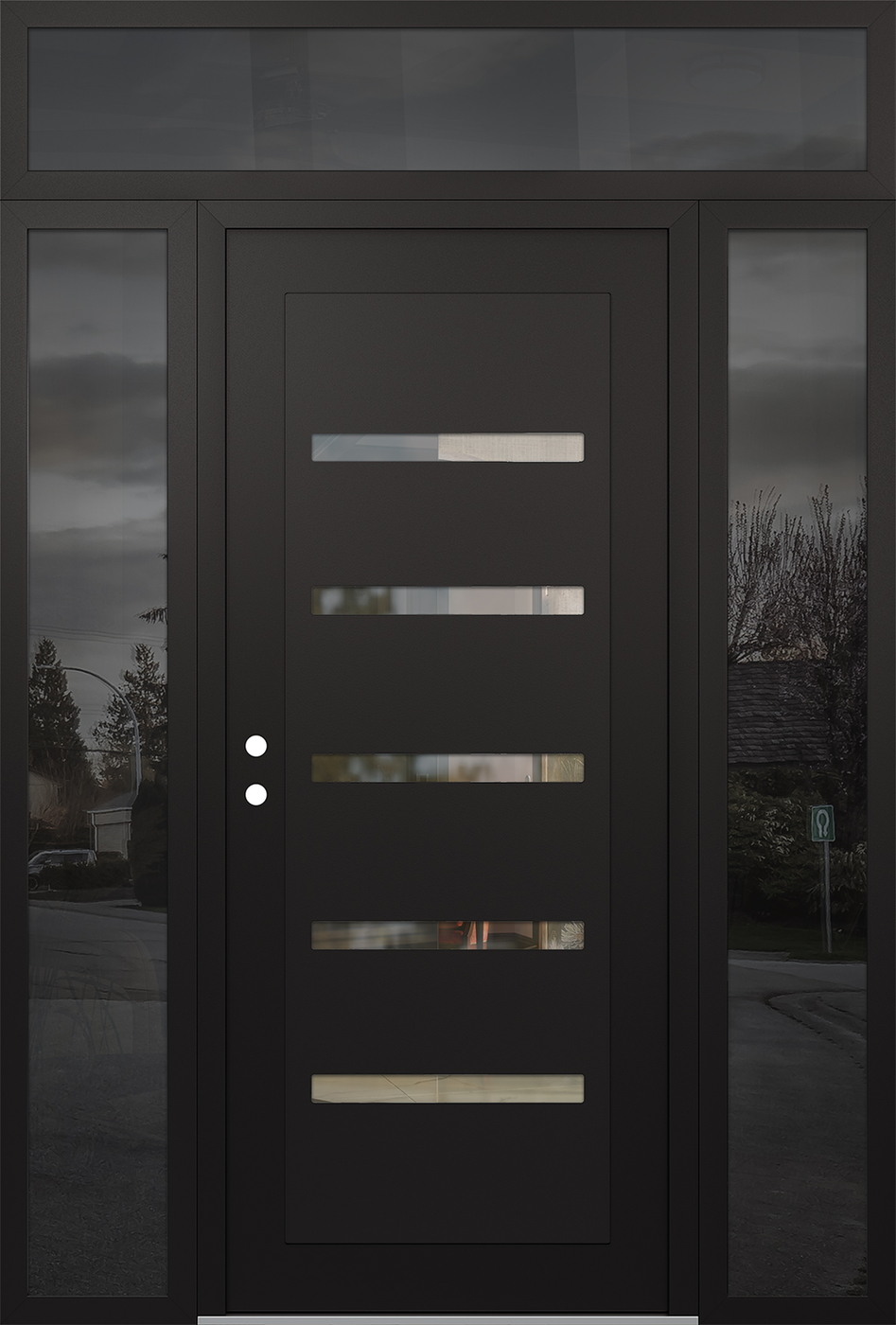 Modern Steel Front Door Diamond C7 68" x 96" black/black clear Glass Panel black RHI with 2 Sidelites and Transom mirrored Glass