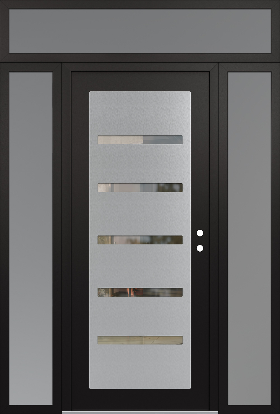 Modern Steel Front Door Diamond C7 68" x 96" black/black clear Glass Panel stainless steel LHI with 2 Sidelites and Transom frosted Glass