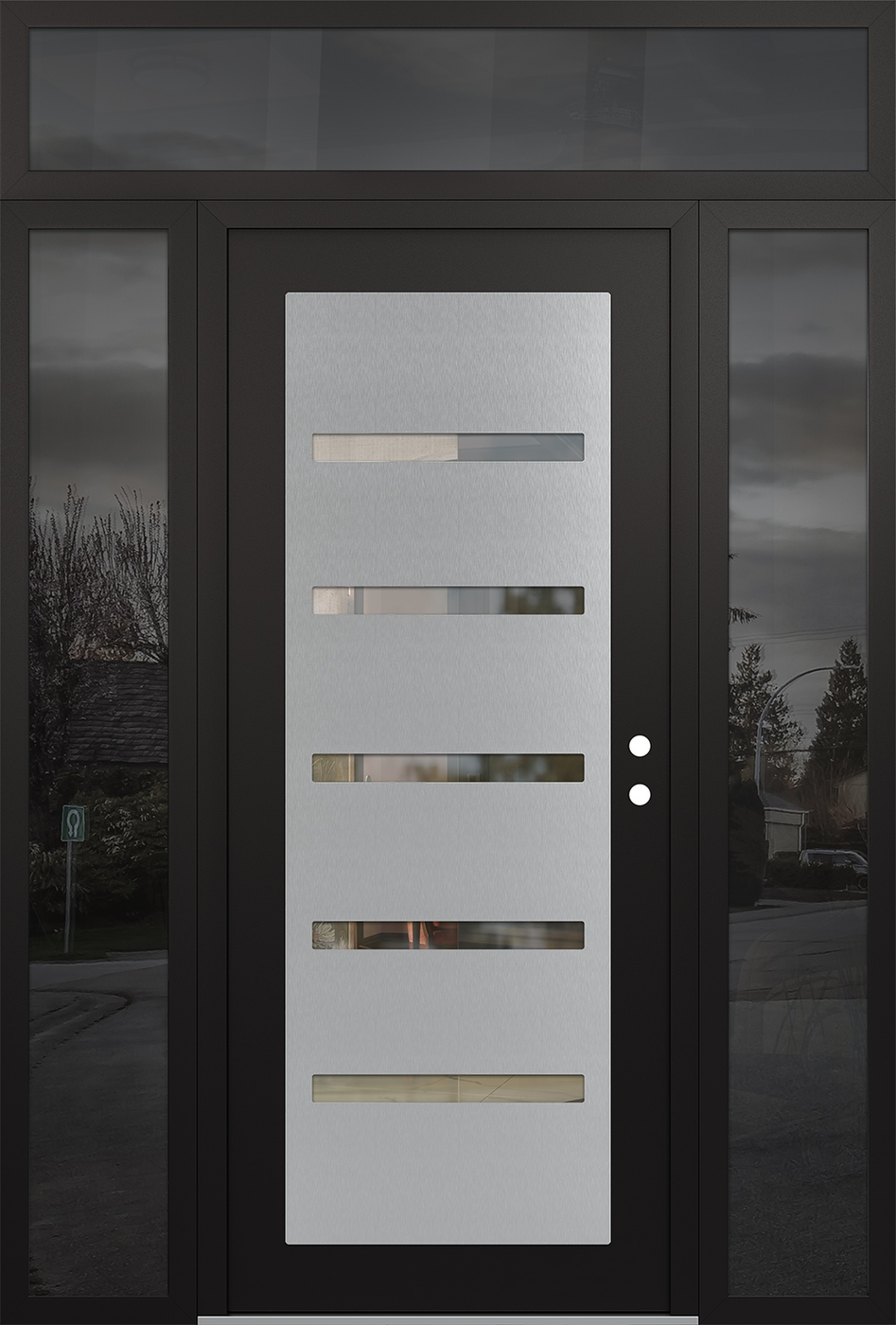 Modern Steel Front Door Diamond C7 68" x 96" black/black clear Glass Panel stainless steel LHI with 2 Sidelites and Transom mirrored Glass