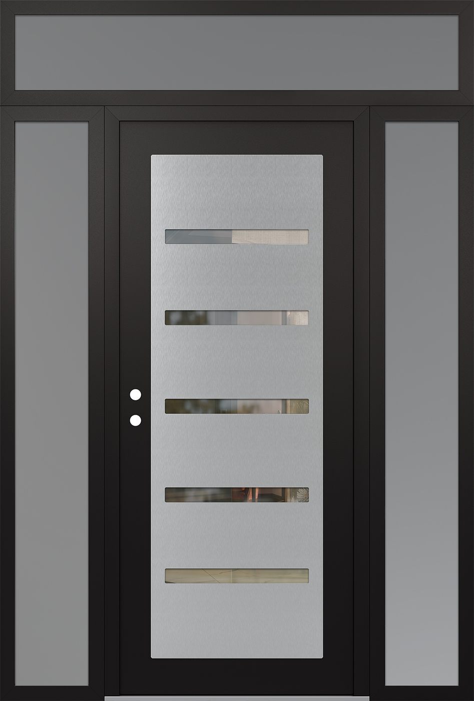 Modern Steel Front Door Diamond C7 68" x 96" black/black clear Glass Panel stainless steel RHI with 2 Sidelites and Transom frosted Glass