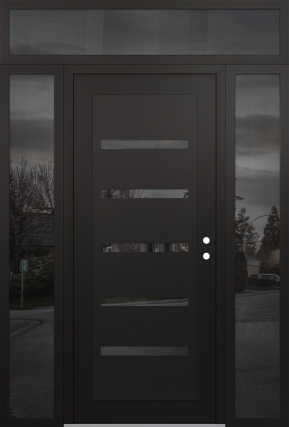 Modern Steel Front Door Diamond C7 68" x 96" black/black mirrored Glass Panel black LHI with 2 Sidelites and Transom mirrored Glass