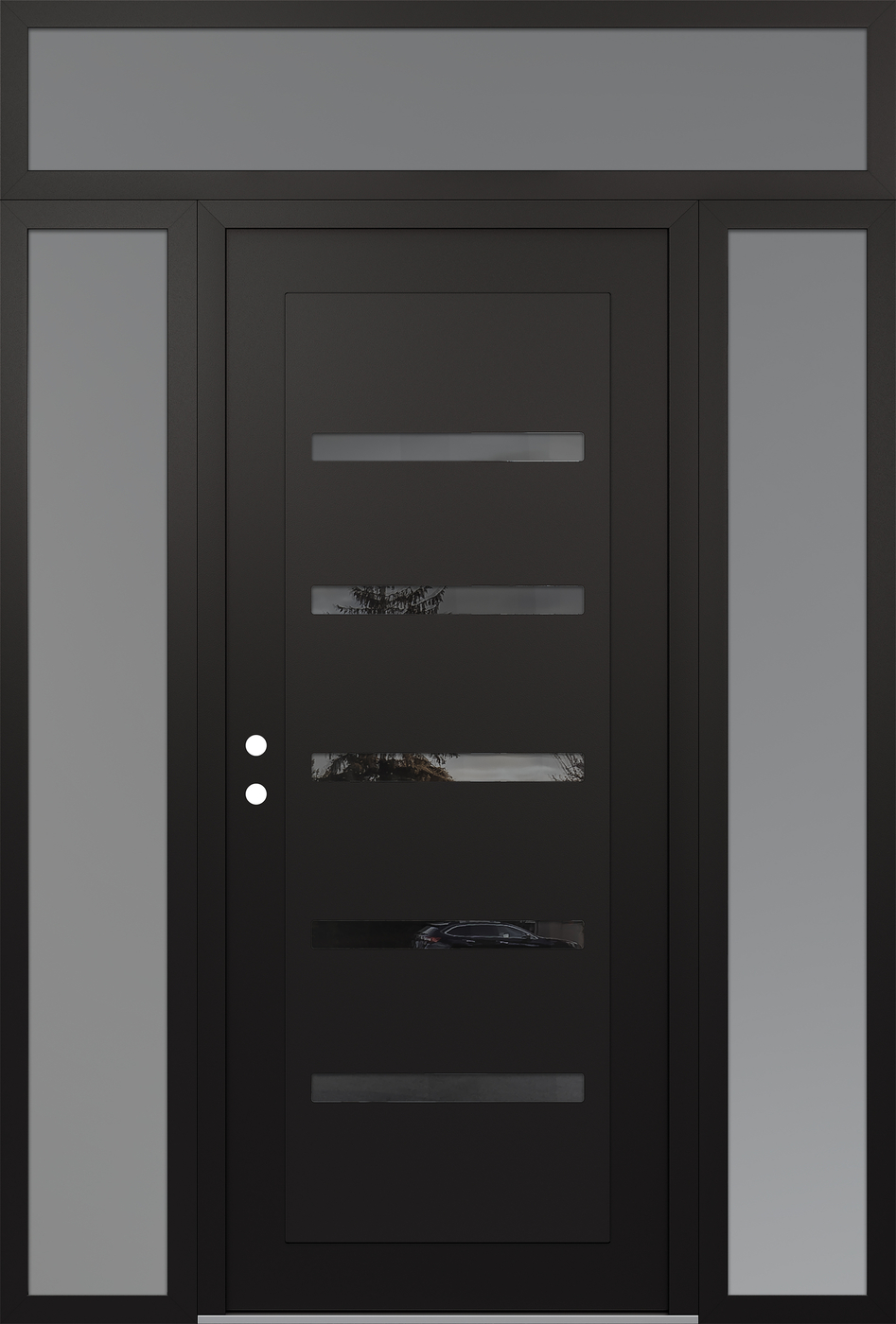 Modern Steel Front Door Diamond C7 68" x 96" black/black mirrored Glass Panel black RHI with 2 Sidelites and Transom frosted Glass