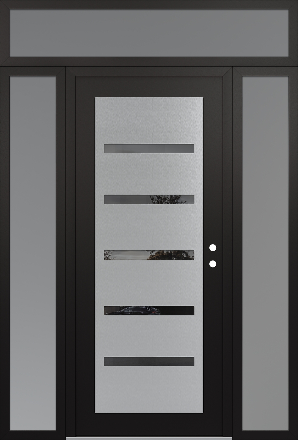 Modern Steel Front Door Diamond C7 68" x 96" black/black mirrored Glass Panel stainless steel LHI with 2 Sidelites and Transom frosted Glass
