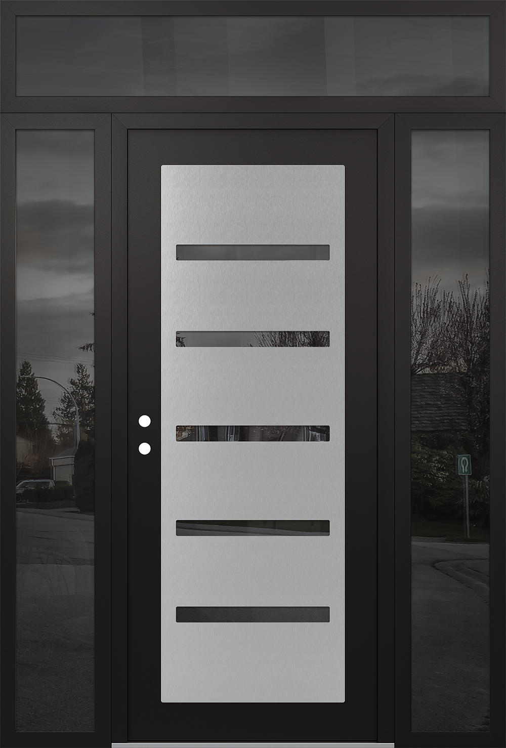 Modern Steel Front Door Diamond C7 68" x 96" black/black mirrored Glass Panel stainless steel RHI with 2 Sidelites and Transom mirrored Glass