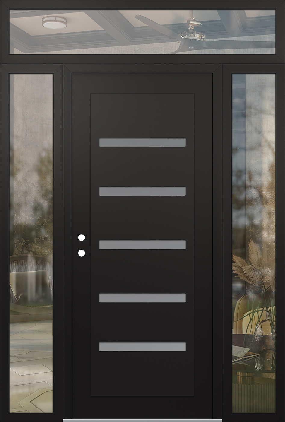 Modern Steel Front Door Diamond C7 68" x 96" black/white frosted Glass Panel black RHI with 2 Sidelites and Transom clear Glass
