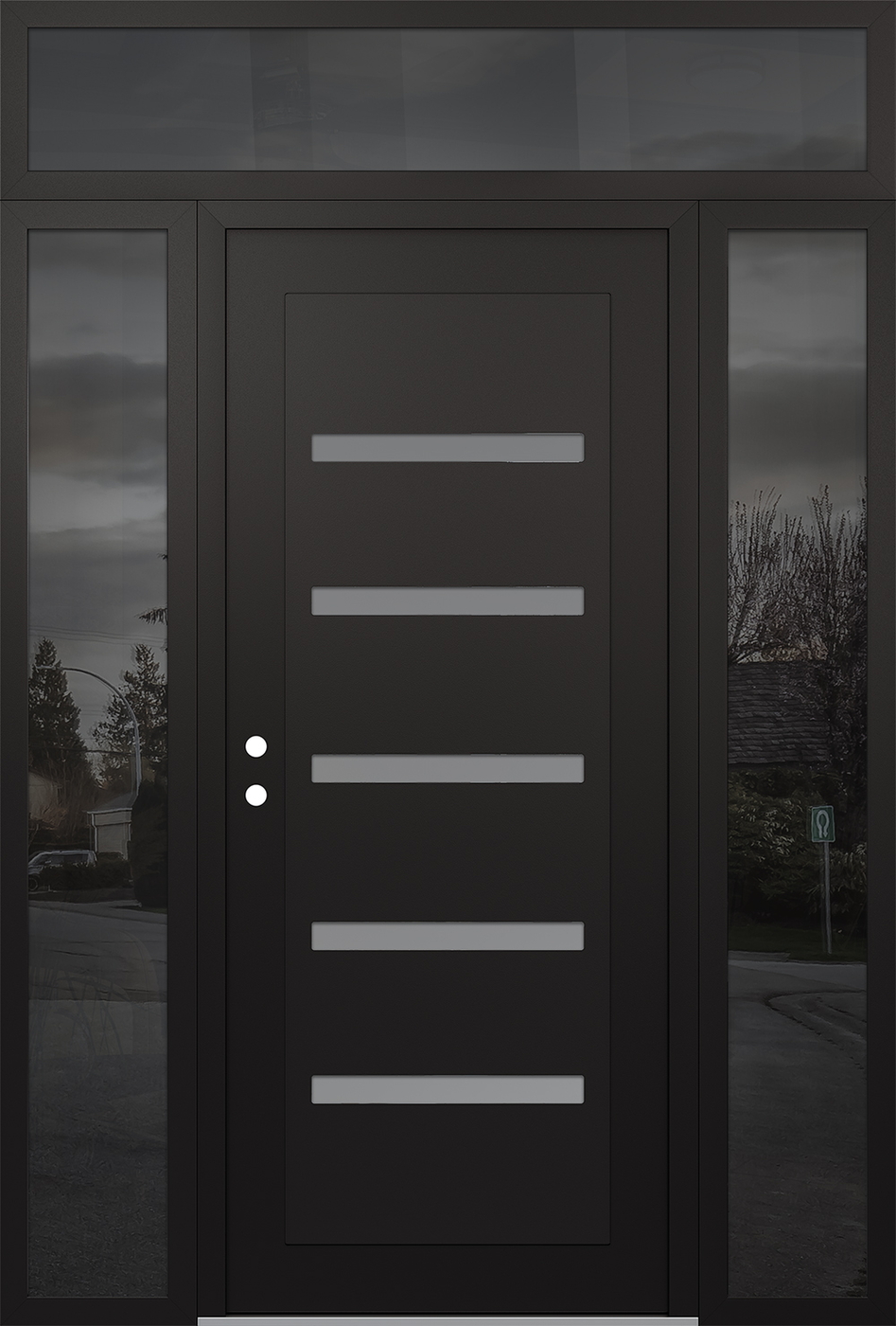 Modern Steel Front Door Diamond C7 68" x 96" black/white frosted Glass Panel black RHI with 2 Sidelites and Transom mirrored Glass