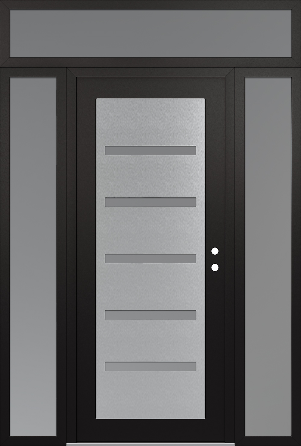 Modern Steel Front Door Diamond C7 68" x 96" black/white frosted Glass Panel stainless steel LHI with 2 Sidelites and Transom frosted Glass