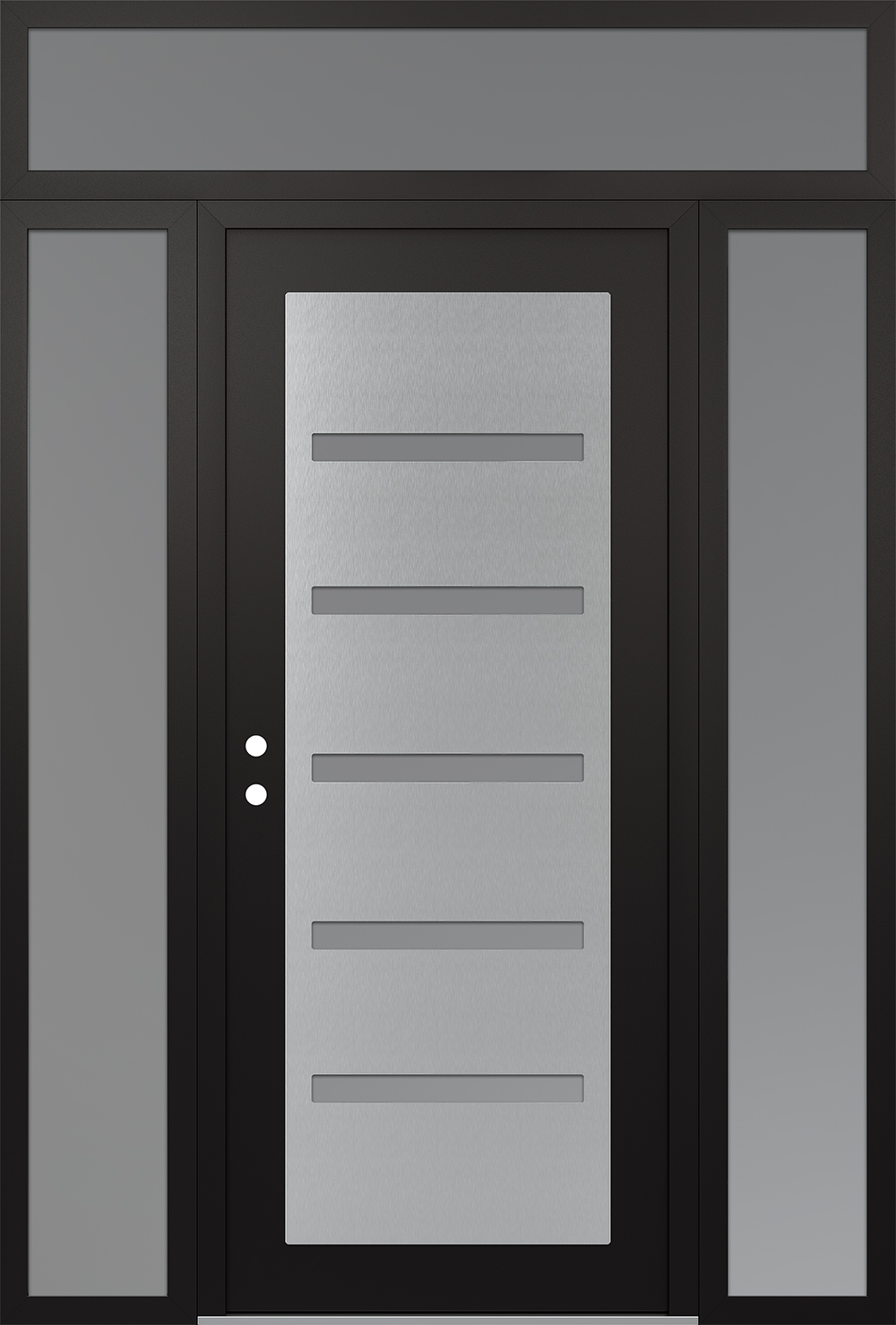 Modern Steel Front Door Diamond C7 68" x 96" black/white frosted Glass Panel stainless steel RHI with 2 Sidelites and Transom frosted Glass