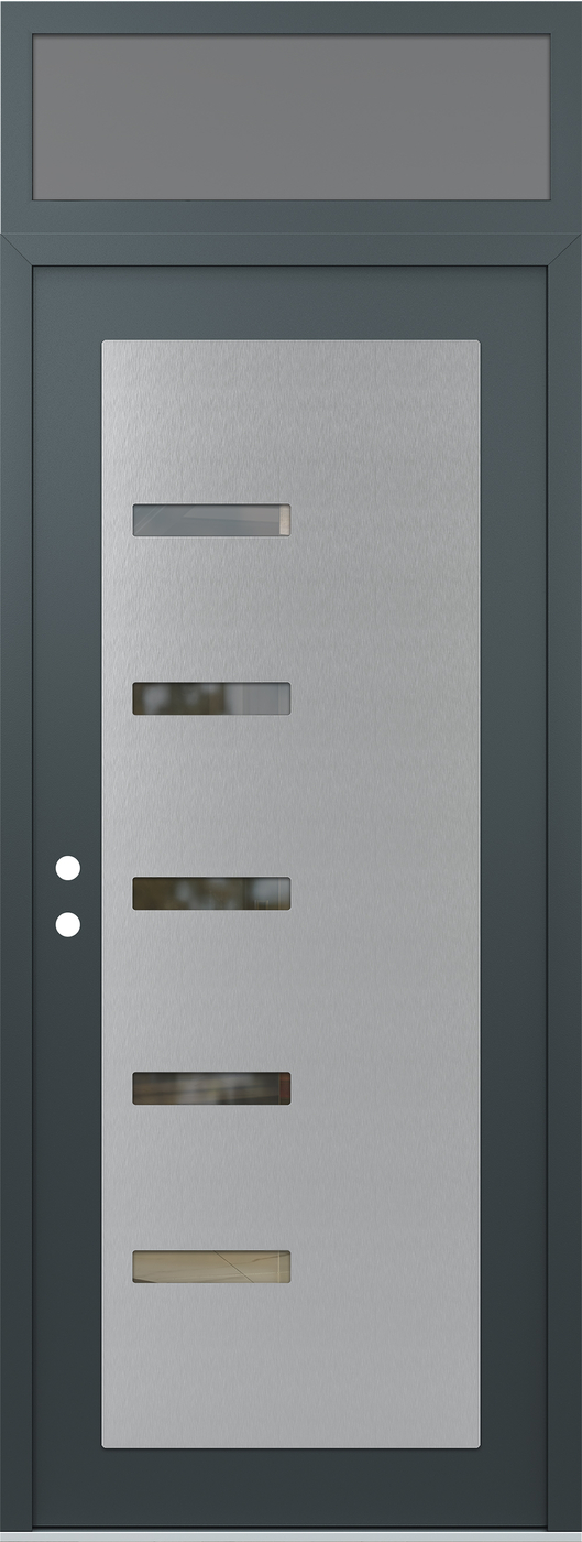 Modern Steel Front Door DIAMOND C8 36" X 96" ANTHRACITE/ANTHRACITE CLEAR GLASS PANEL STAINLESS STEEL RHI WITH TRANSOM FROSTED GLASS