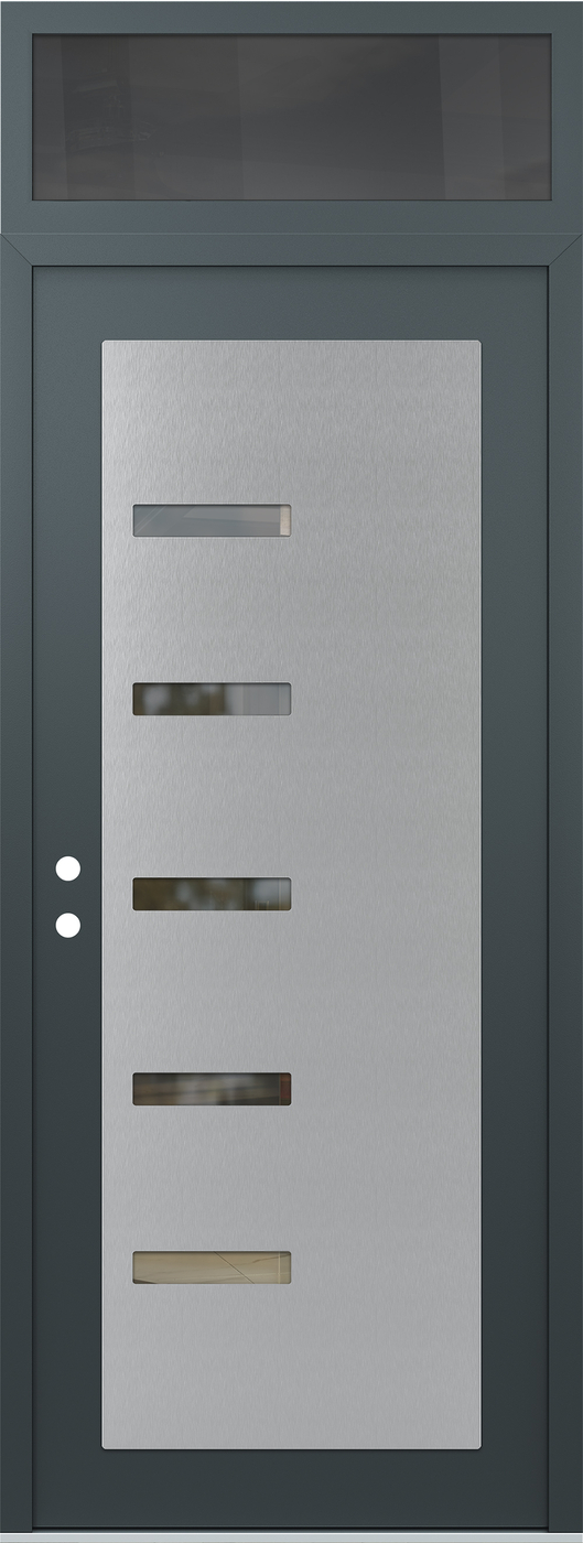 Modern Steel Front Door DIAMOND C8 36" X 96" ANTHRACITE/ANTHRACITE CLEAR GLASS PANEL STAINLESS STEEL RHI WITH TRANSOM MIRRORED GLASS
