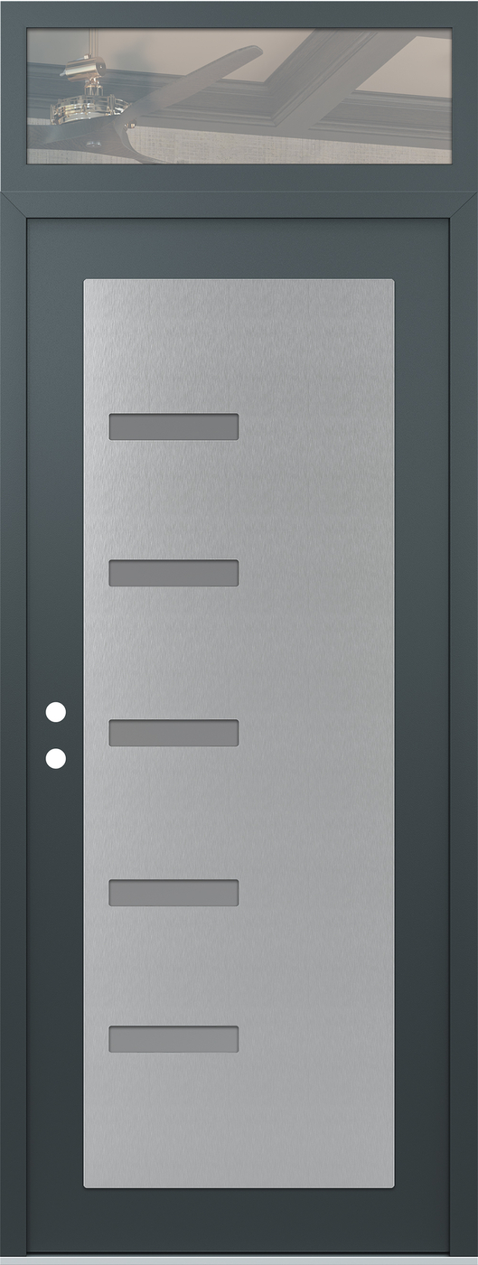 Modern Steel Front Door DIAMOND C8 36" X 96" ANTHRACITE/ANTHRACITE FROSTED GLASS PANEL STAINLESS STEEL RHI WITH TRANSOM CLEAR GLASS