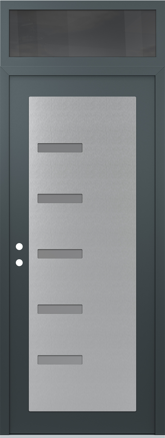 Modern Steel Front Door DIAMOND C8 36" X 96" ANTHRACITE/ANTHRACITE FROSTED GLASS PANEL STAINLESS STEEL RHI WITH TRANSOM MIRRORED GLASS
