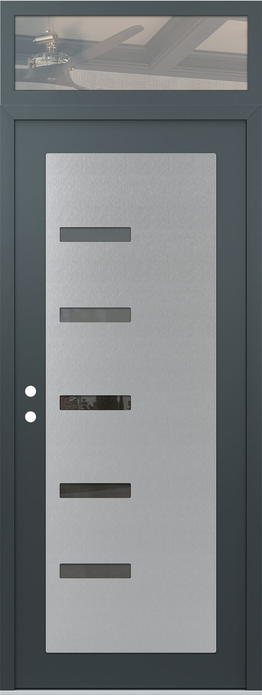 Modern Steel Front Door DIAMOND C8 36" X 96" ANTHRACITE/ANTHRACITE MIRRORED GLASS PANEL STAINLESS STEEL RHI WITH TRANSOM CLEAR GLASS