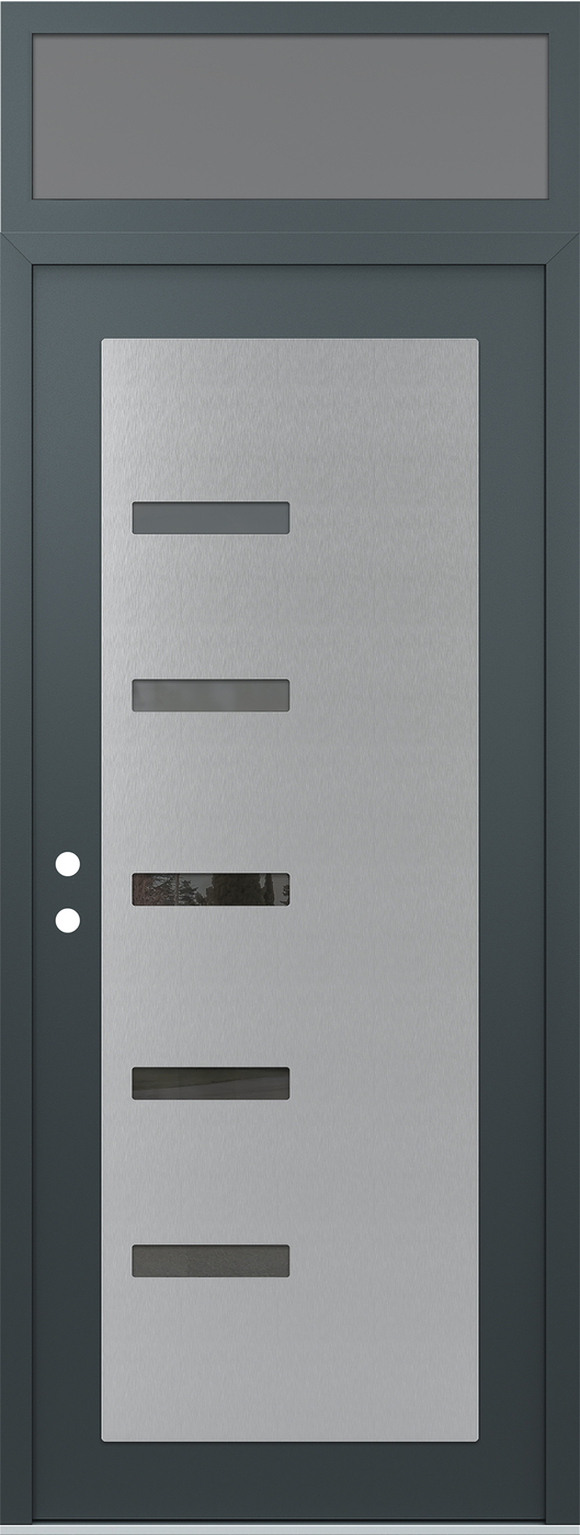 Modern Steel Front Door DIAMOND C8 36" X 96" ANTHRACITE/ANTHRACITE MIRRORED GLASS PANEL STAINLESS STEEL RHI WITH TRANSOM FROSTED GLASS