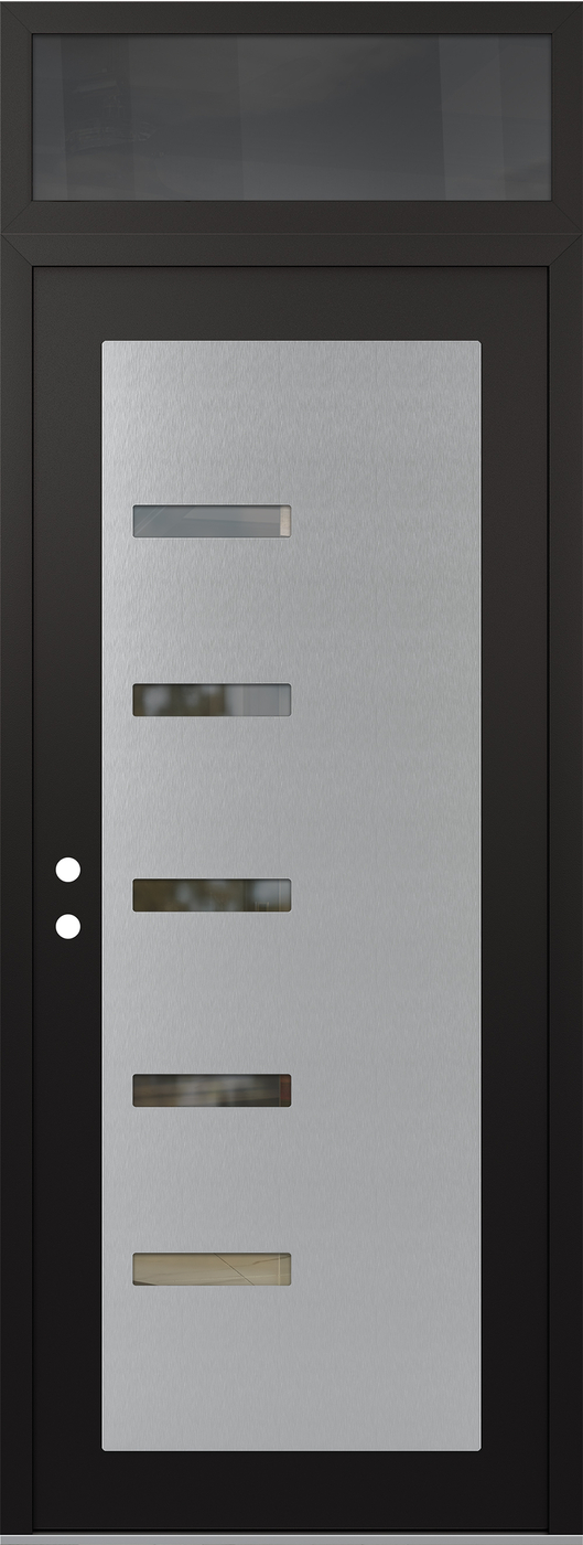 Modern Steel Front Door DIAMOND C8 36" X 96" BLACK/BLACK CLEAR GLASS PANEL STAINLESS STEEL RHI WITH TRANSOM MIRRORED GLASS