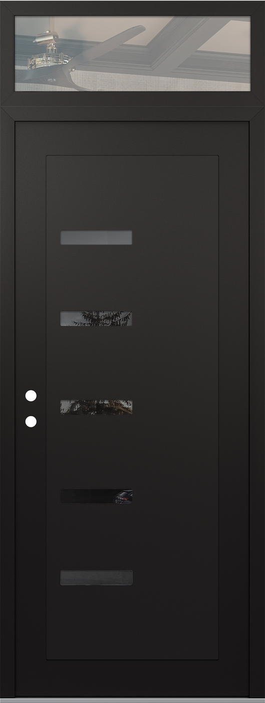 Modern Steel Front Door DIAMOND C8 36" X 96" BLACK/BLACK MIRRORED GLASS PANEL BLACK RHI WITH TRANSOM CLEAR GLASS