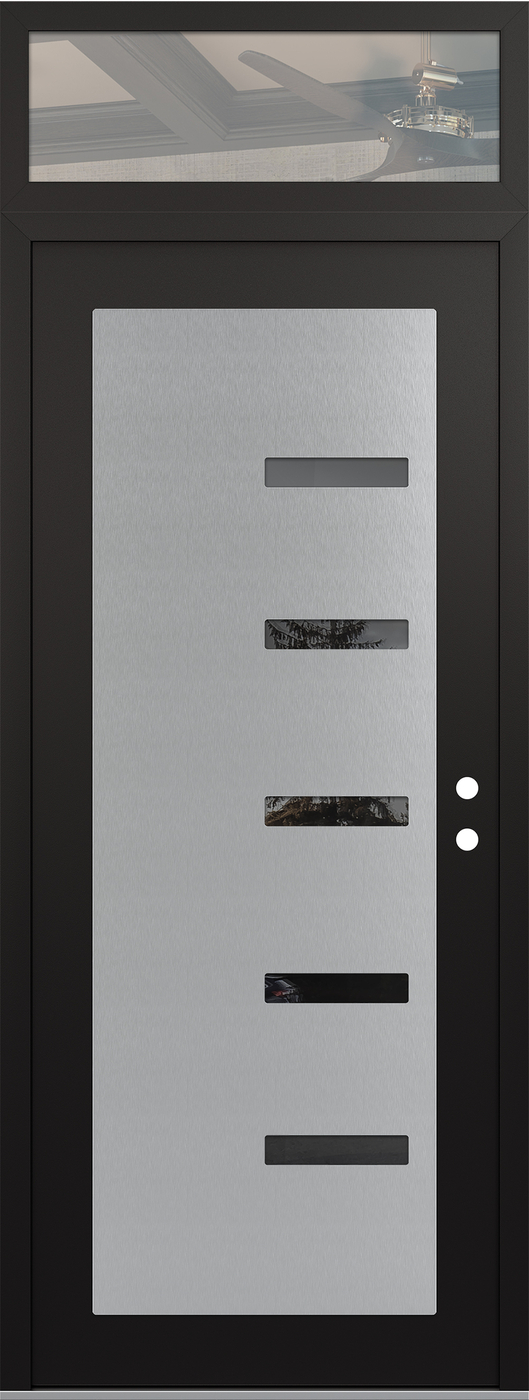 Modern Steel Front Door DIAMOND C8 36" X 96" BLACK/BLACK MIRRORED GLASS PANEL STAINLESS STEEL LHI WITH TRANSOM CLEAR GLASS