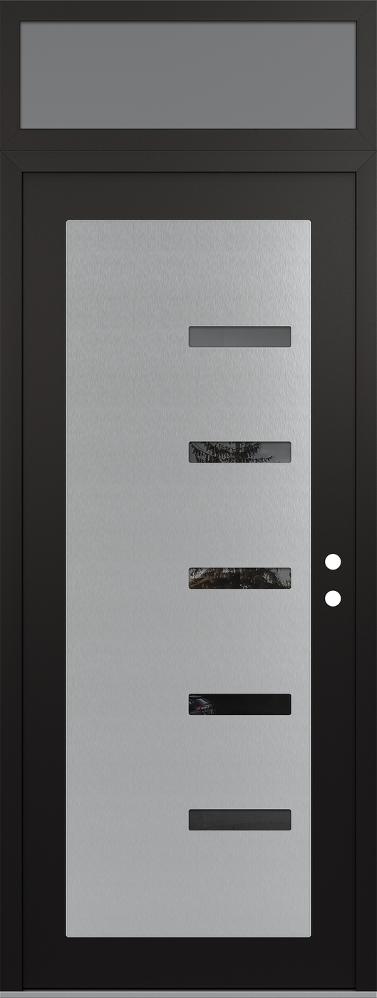 Modern Steel Front Door DIAMOND C8 36" X 96" BLACK/BLACK MIRRORED GLASS PANEL STAINLESS STEEL LHI WITH TRANSOM FROSTED GLASS